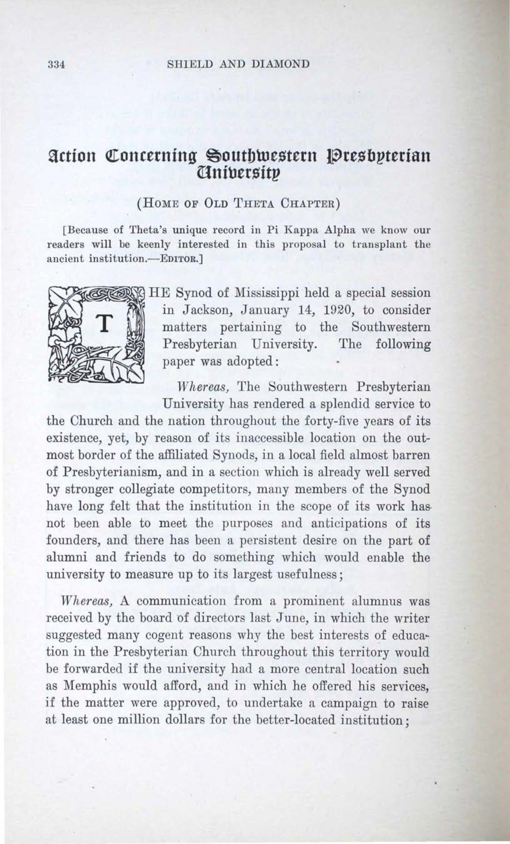 Action Concerning Southwestern Presbyterian University